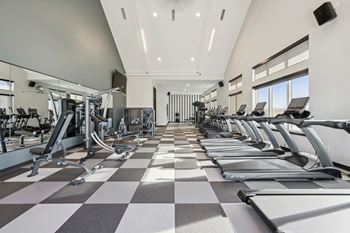 A gym with treadmills and elliptical machines.